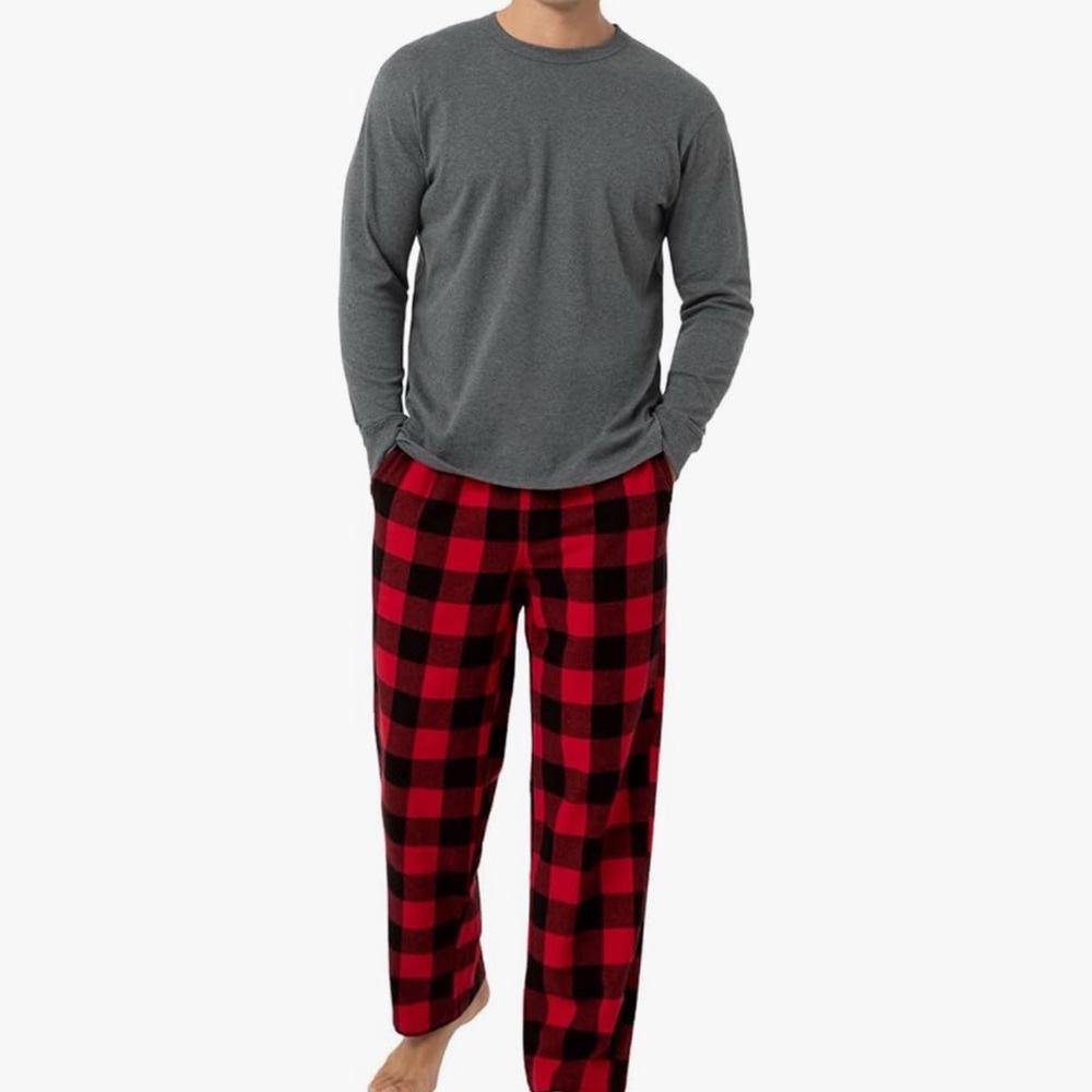 English Laundry Gray Thermal Top with Red and Black Plaid Pants